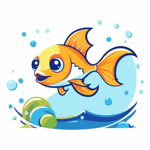 Illustration of cute cartoon goldfish swimming in the sea.