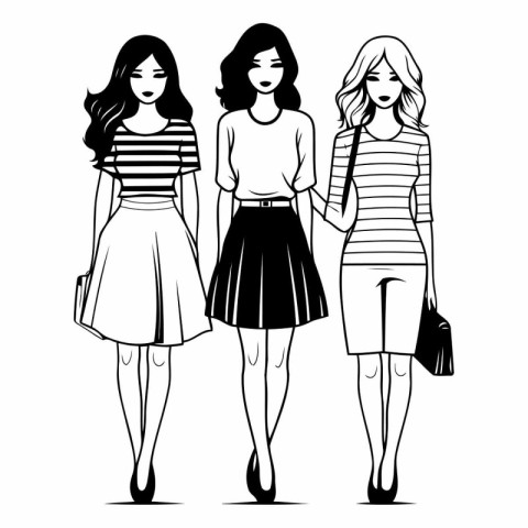 Fashion women cartoon in black and white vector illustration gra