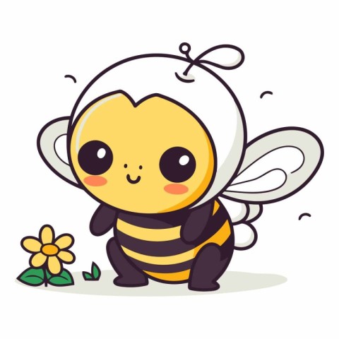 Cute cartoon bee with flower on white background.