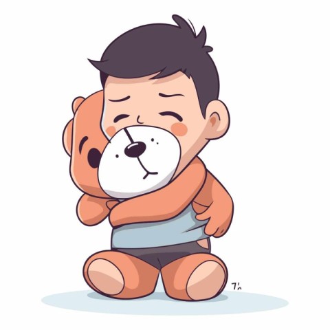 Illustration of a Cute Little Baby Boy Hugging a Teddy Bear