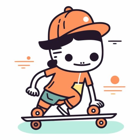 Cute little boy riding a skateboard. vector line illustration.