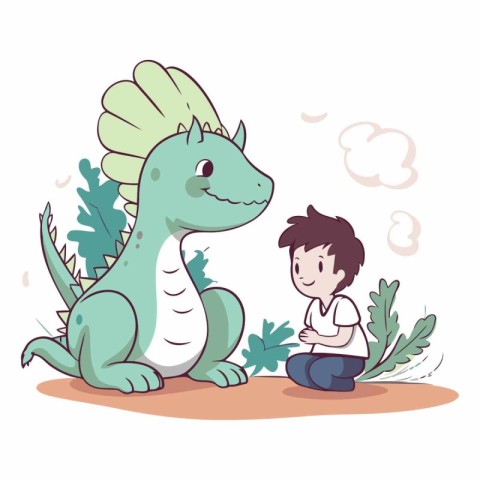 cute little boy with dinosaur in the field characters vector ill