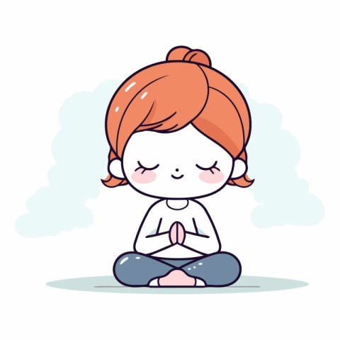 Cute little girl meditating in cartoon style.