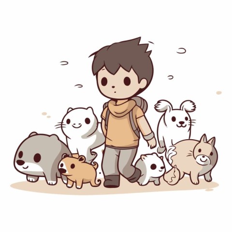 Vector illustration of a boy walking with a group of cats and do