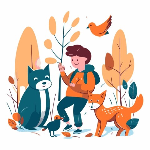 Boy with dog and cat in autumn park. Flat vector illustration.