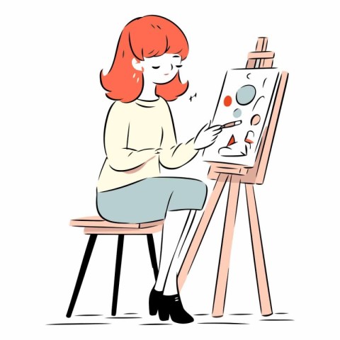 Young woman drawing on easel of a girl drawing on canvas.