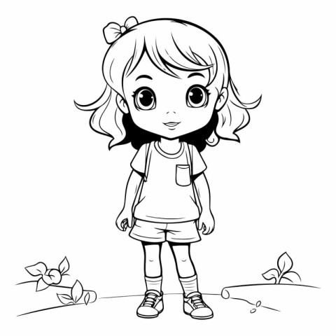 Cute little girl standing in the grass for coloring book.