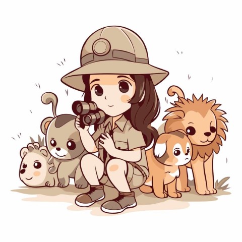 Cute little girl in safari outfit with a group of animals