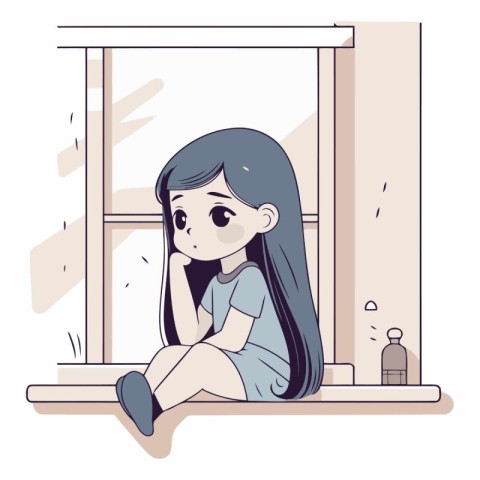 Illustration of a sad girl sitting on the windowsill