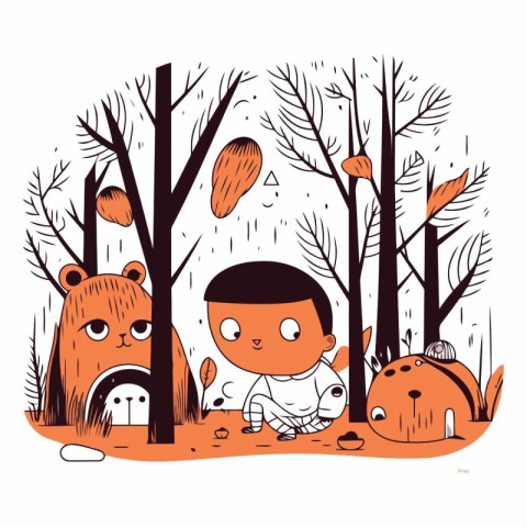 cute little boy with bear and cat in the forest vector illustrat