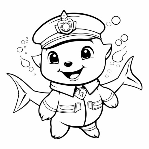 Black and White Cartoon Illustration of Cute Marine Captain Fish