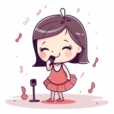 Cute little girl singing karaoke in cartoon style.