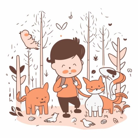 Cute little boy standing in the forest with his pets