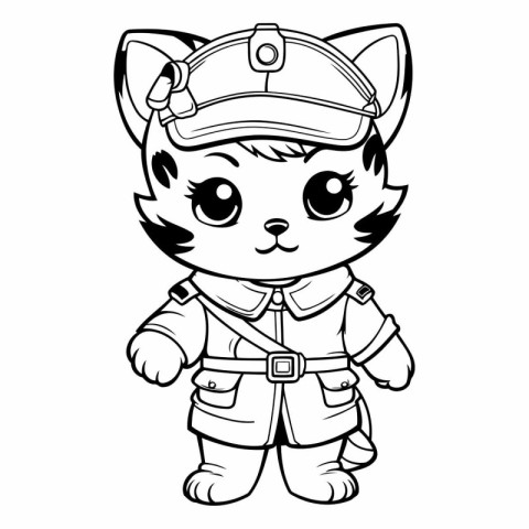 Black and White Cartoon Illustration of Cute Cat Captain Charact