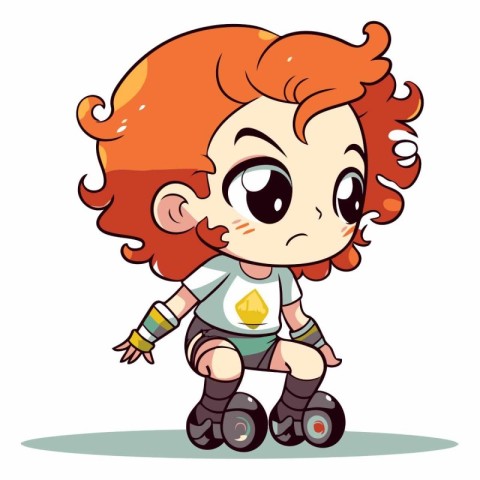 Cute little red-haired girl on roller skates.