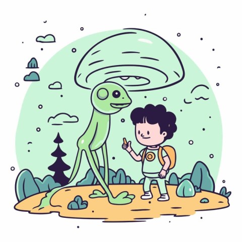 Little boy and alien in the park in cartoon style