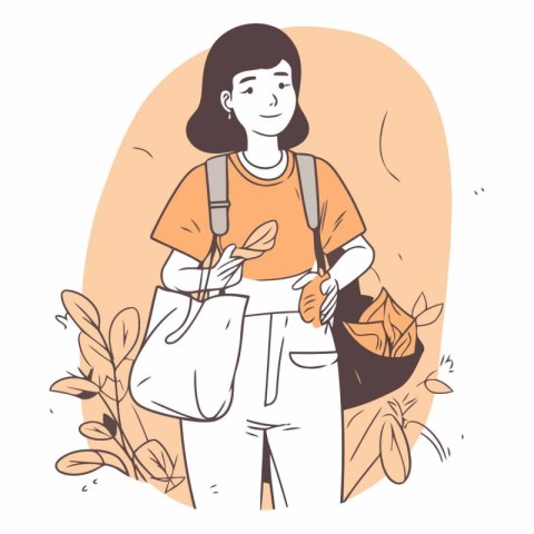 Vector illustration of a girl with a bag in her hands on a backg