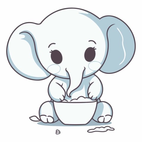 Cute baby elephant with a bowl of milk.