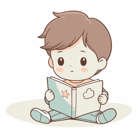 Boy reading a book on white background in cartoon style.