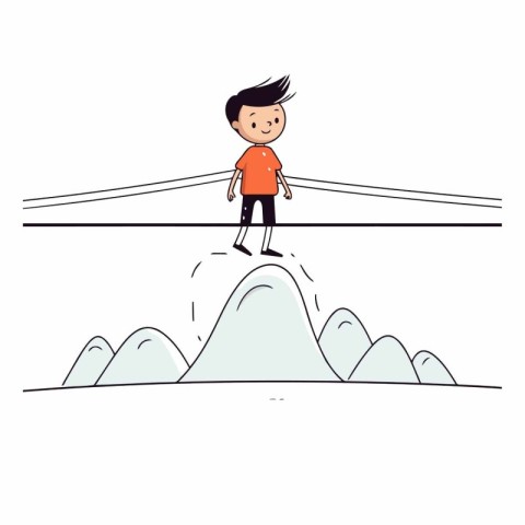 Boy on the top of the mountain in cartoon style.