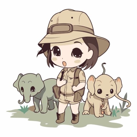 cute explorer girl with her dog and elephant cartoon vector illu