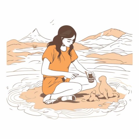 Girl sitting on the beach and drinking coffee. Vector hand drawn