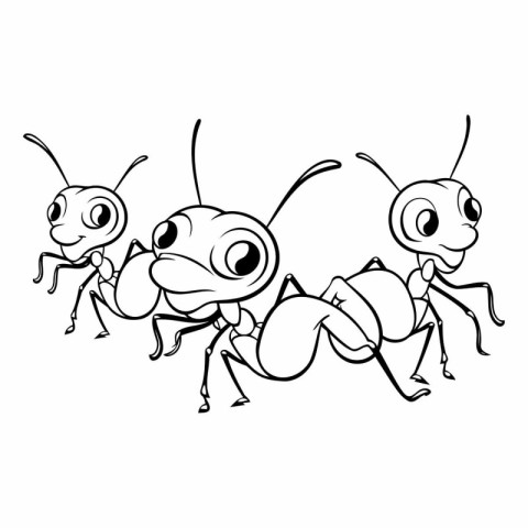 Cartoon ants. Black and white vector illustration isolated on wh