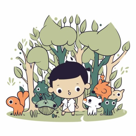 Cute little boy and animals in the forest.