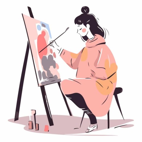 Vector illustration of a young woman painting a picture on easel