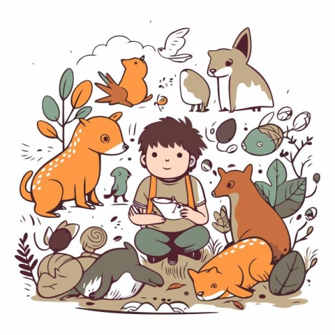 Cute little boy sitting on the ground surrounded by animals