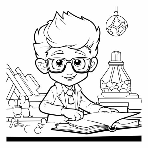 Black and White Cartoon Illustration of Boy Studying or Learning