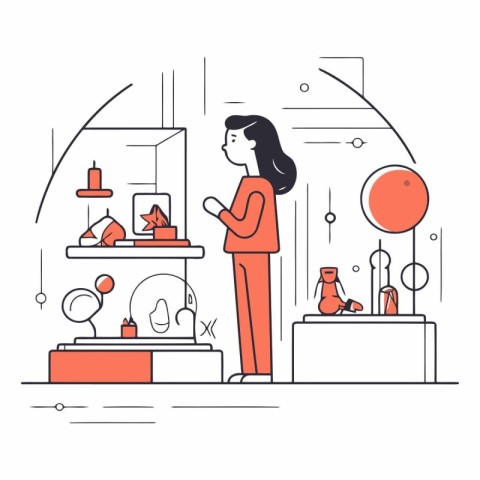 Vector illustration of a woman shopping in a jewelry store. Line