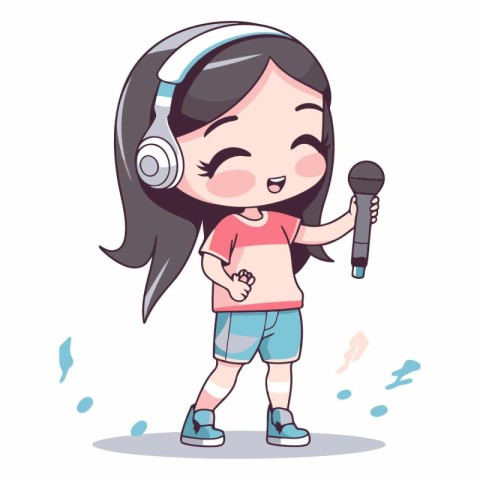 Cute little girl singing karaoke in headphones.