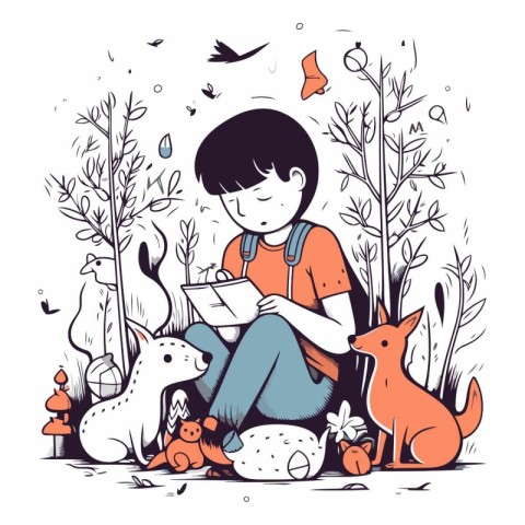 Boy with dog and cat in the park. Vector hand drawn illustration