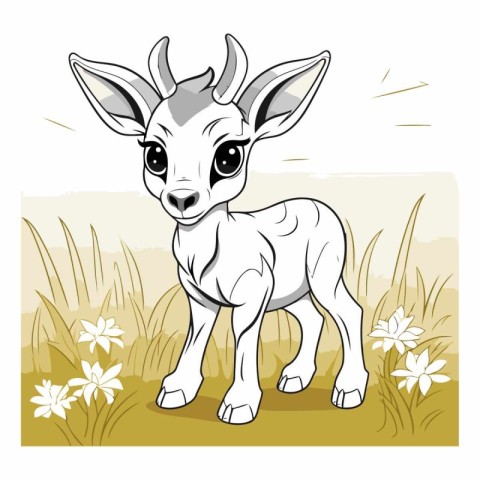 Vector illustration of a cute baby deer on a meadow with flowers