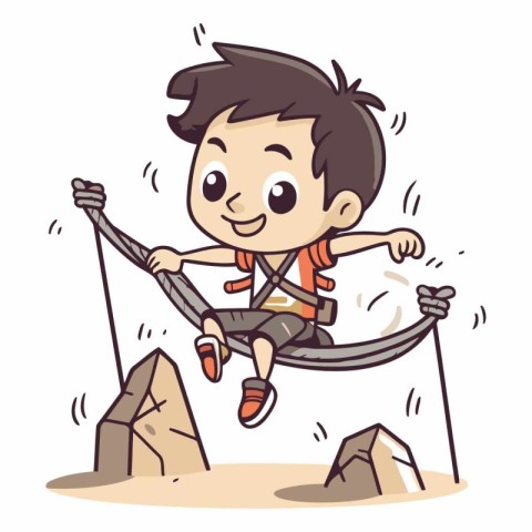 Boy climbing on the rocks in a cartoon style.