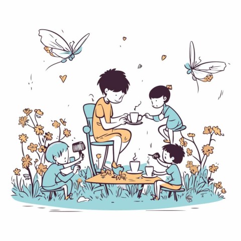 Children drinking tea in the park. Hand drawn vector sketch illu