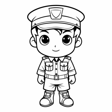 Black and White Cartoon Illustration of Cute Little Boy Captain