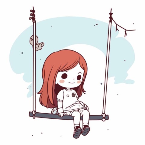 Cute little girl on swing in cartoon style.