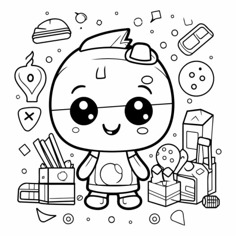 Black and white vector illustration of a cute robot. Coloring bo