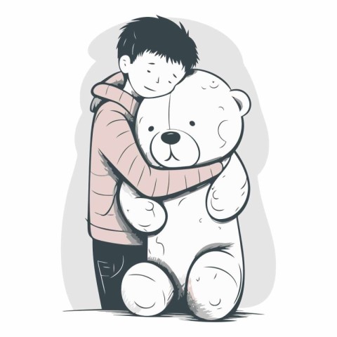 Vector illustration of a boy hugging a big white teddy bear.