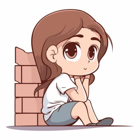 Sad little girl sitting on the brick wall. Vector cartoon illust