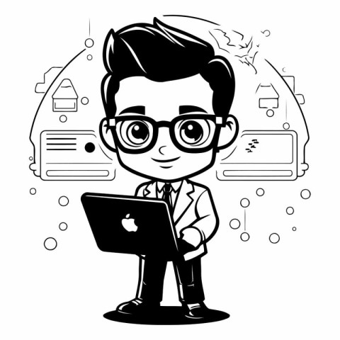 Businessman with Laptop - Black and White Cartoon Vector Illustr