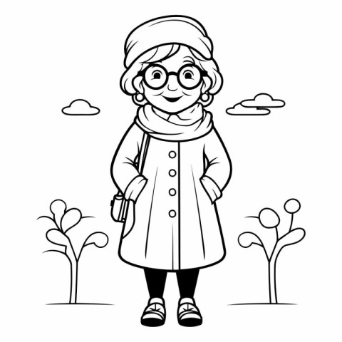 Outline of a happy senior woman in a winter coat and glasses