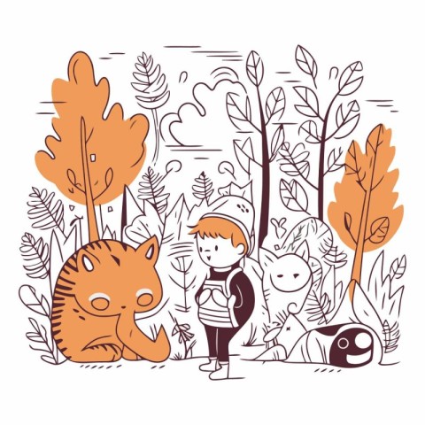 Vector illustration of a boy with a dog and a cat in the forest.