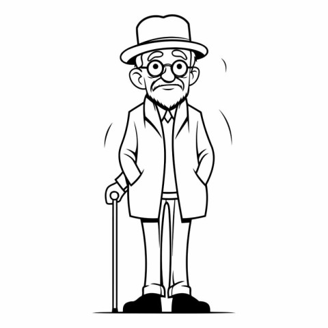 Old man with walking stick. Grandfather in hat and glasses.