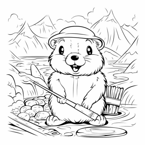 Black and White Cartoon Illustration of Cute Groundhog Animal Ch