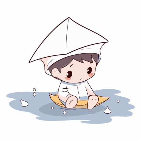 cute boy playing in the water with paper boat