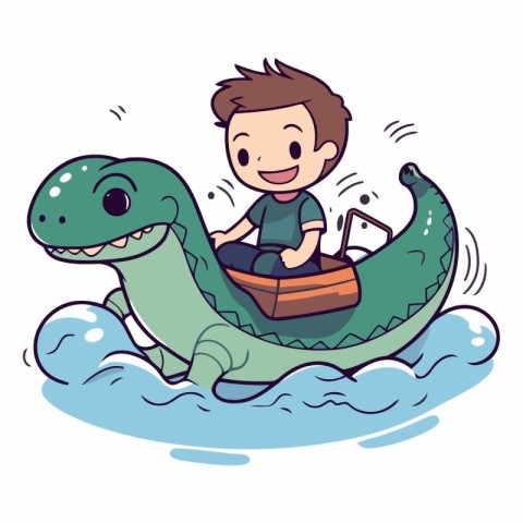 Cute little boy riding a dragon boat in cartoon style.