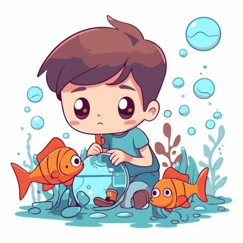 Cute little boy and fish in the sea.